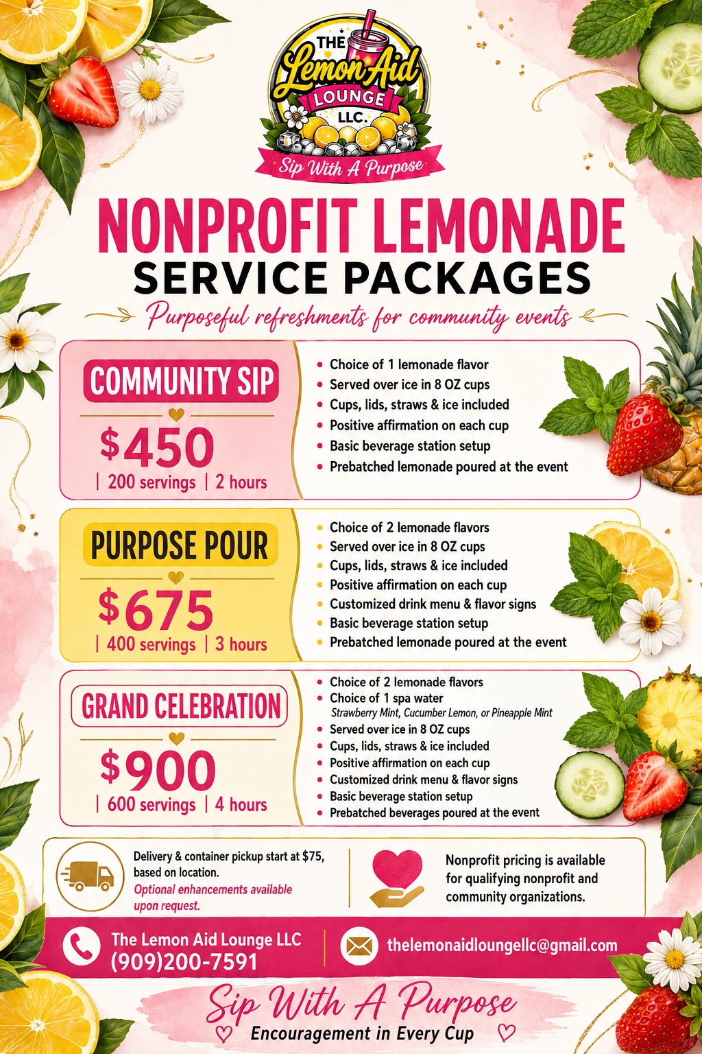 Nonprofit Lemonade Service Packages flyer for The Lemon Aid Lounge LLC